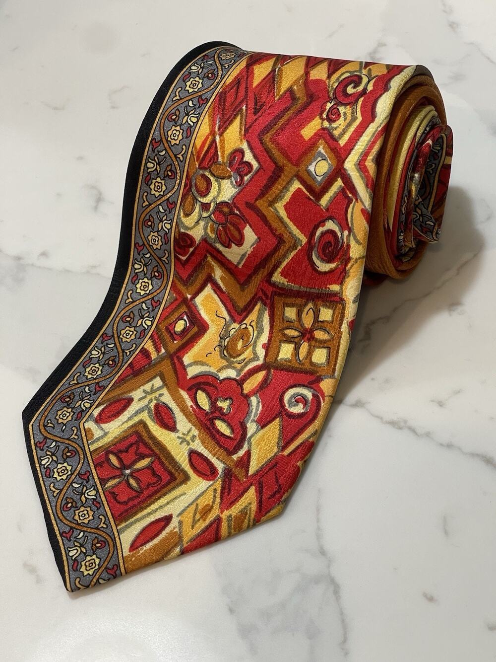 Vintage VITALIANO PANCALDI Silk Tie Italy Red Gold Geometric 60 x 3.75